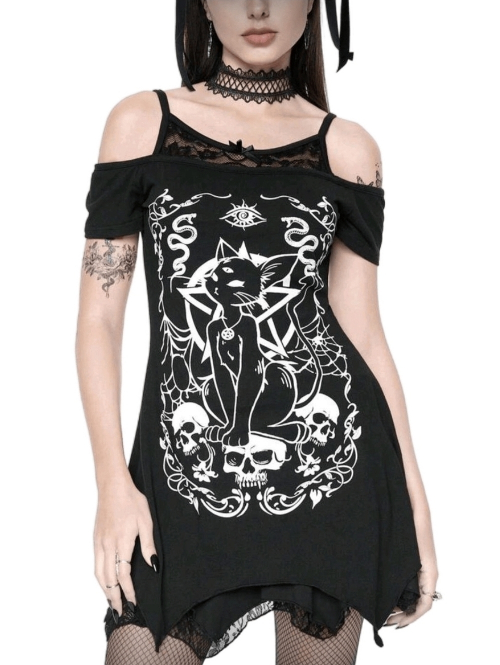 ROMWE Gothic Black Cold-Shoulder Cat Skull Graphic Tunic Top